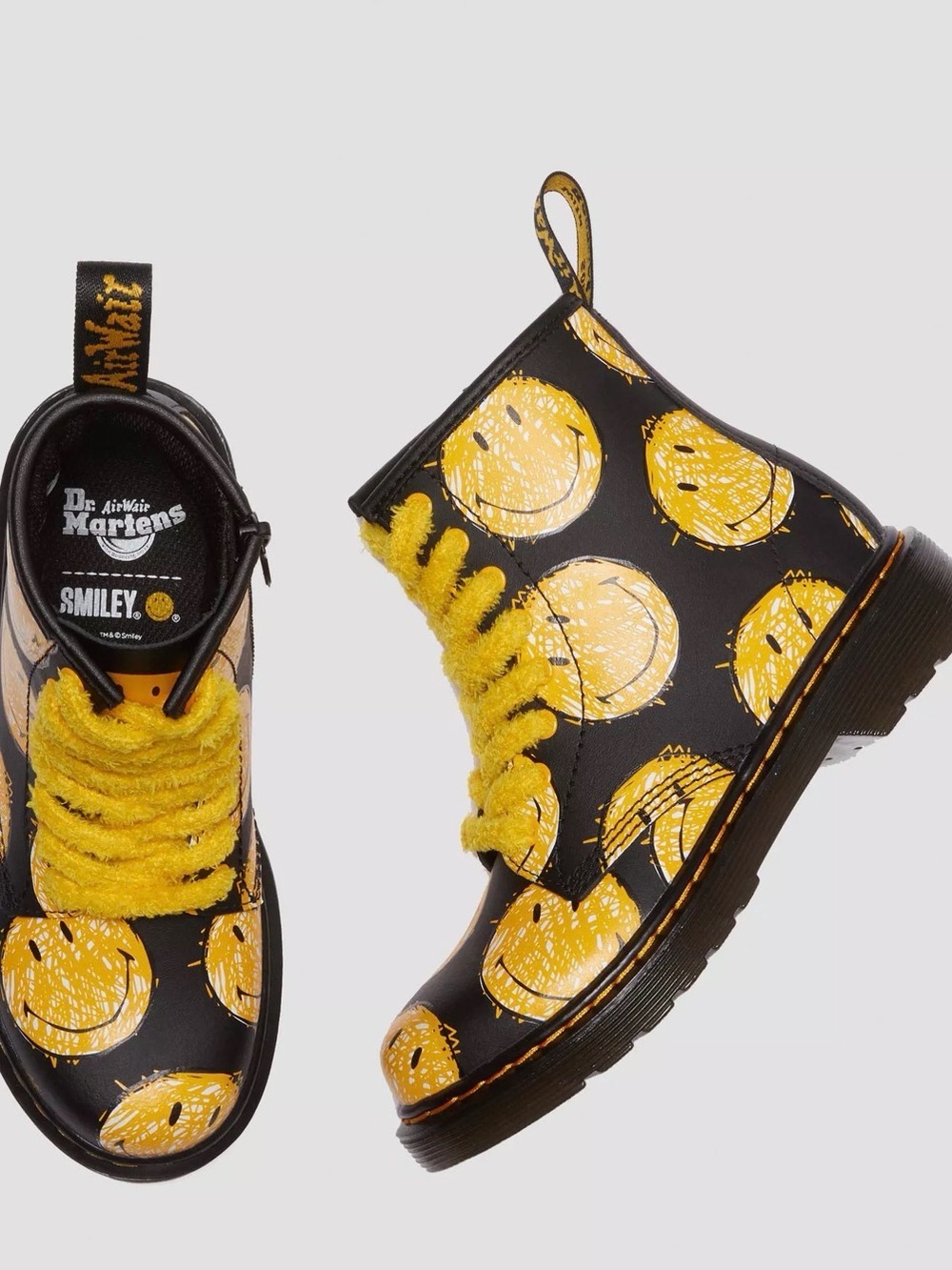 Dr. Martens Black Boots with Yellow Smiley Print